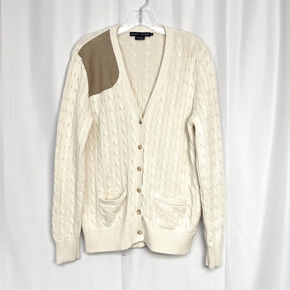 Ralph Lauren Cream Cable Knit Cardigan Sweater Preppy - Picture 1 of 9